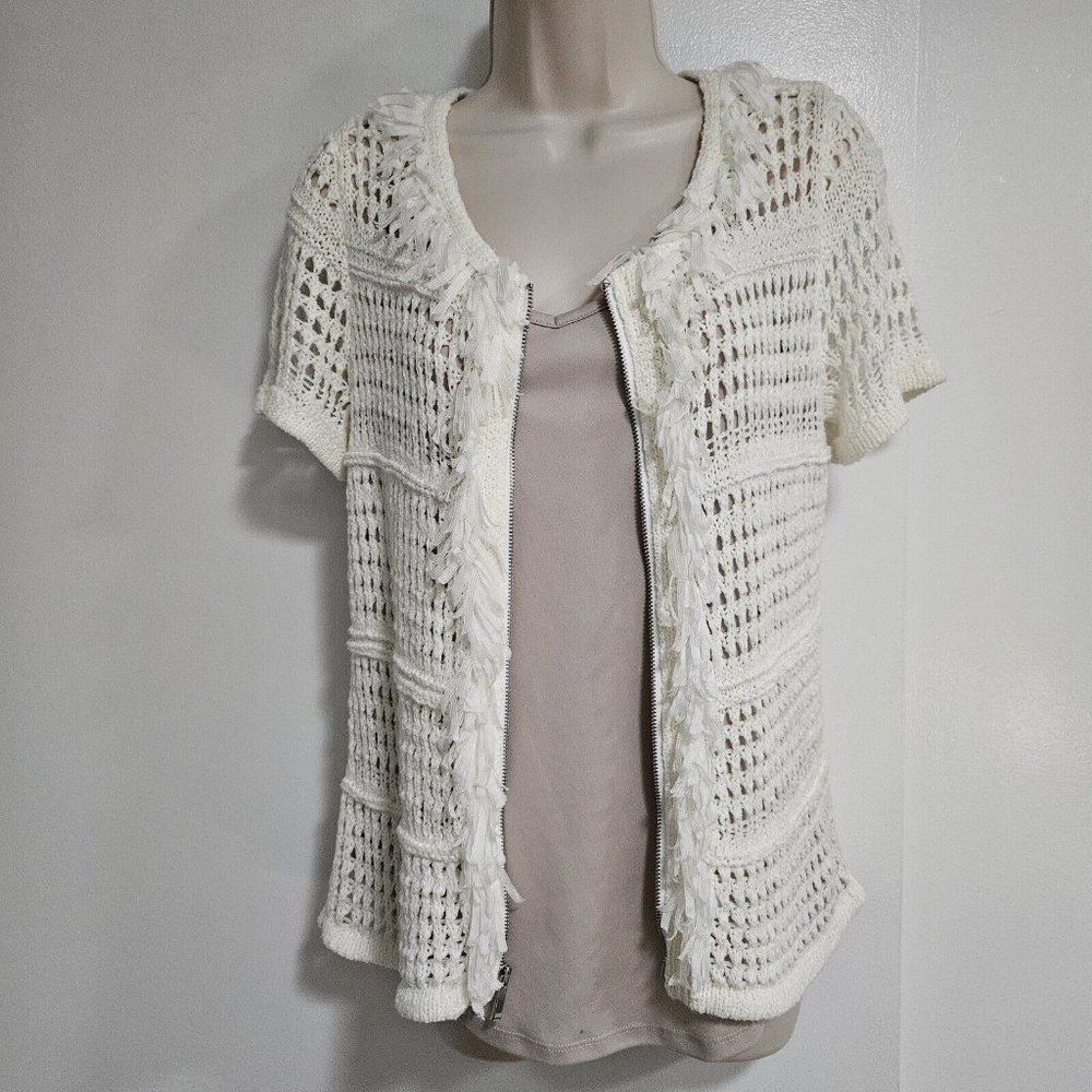 Chico's Size 0 (S) Ecru Ivory Open‎ Weave Fringed Zip-Front Short Sleeve Sweater